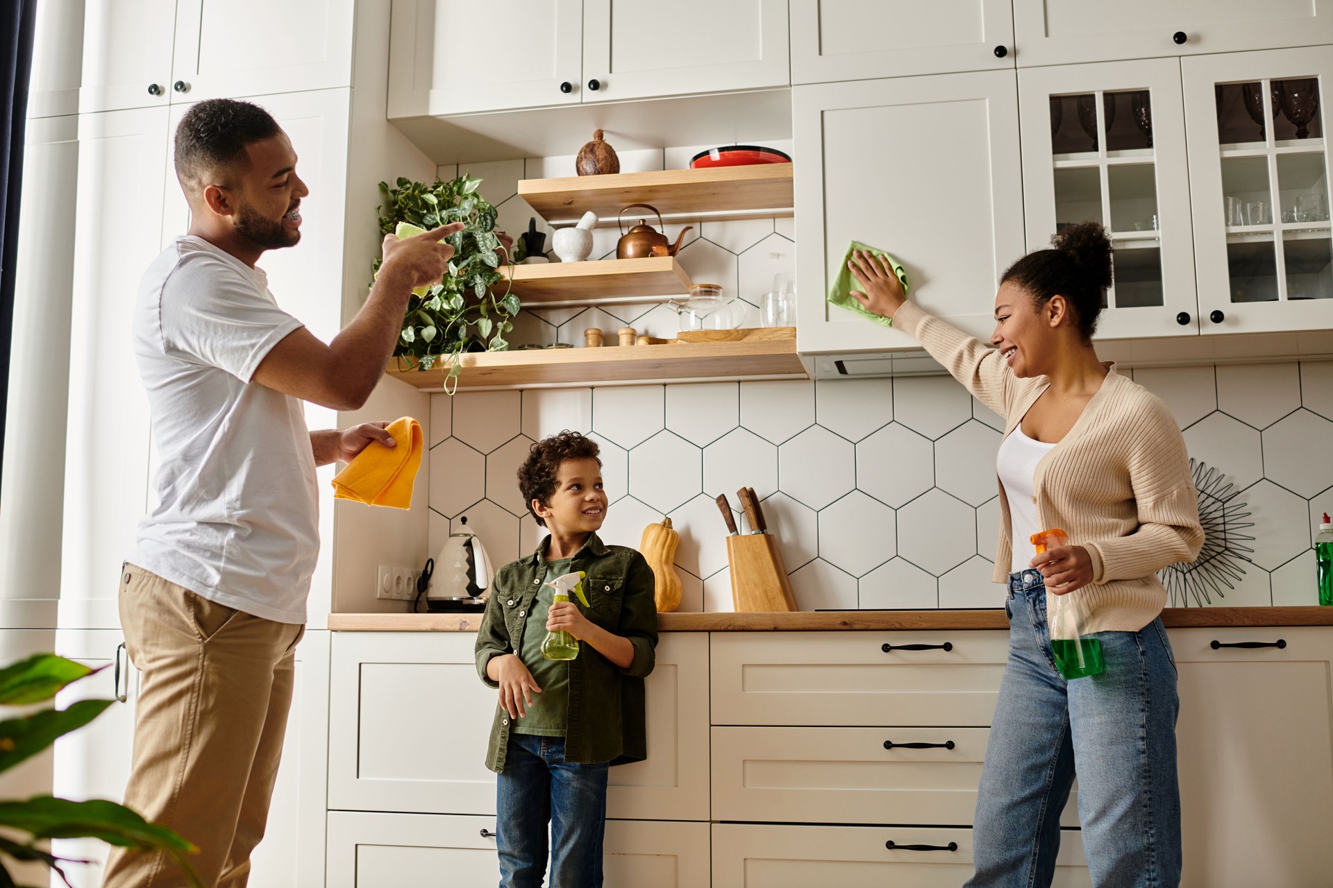 Together, a loving family cleans the kitchen and enjoys quality time at home