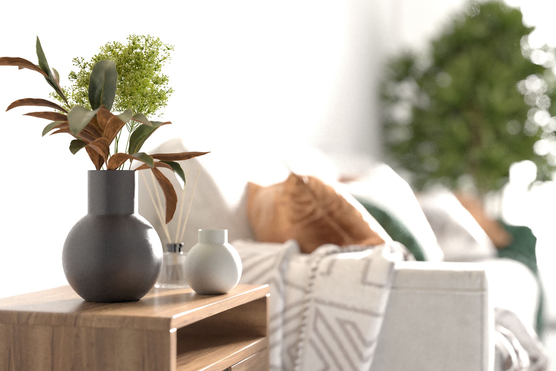 Cozy home interior with sofa, daylight and decorative items