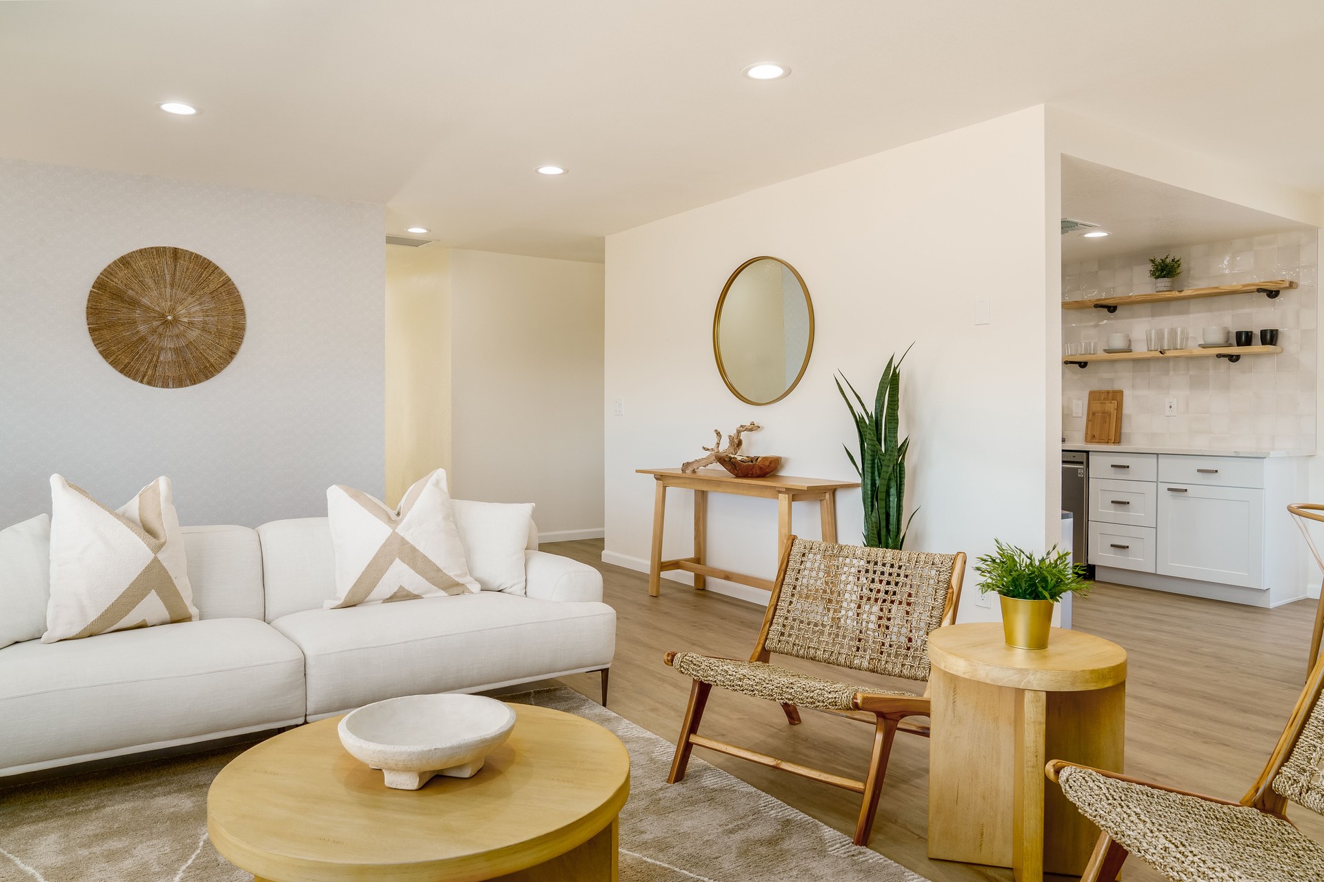Modern Living Room with White Sofa and Light Wood Accents